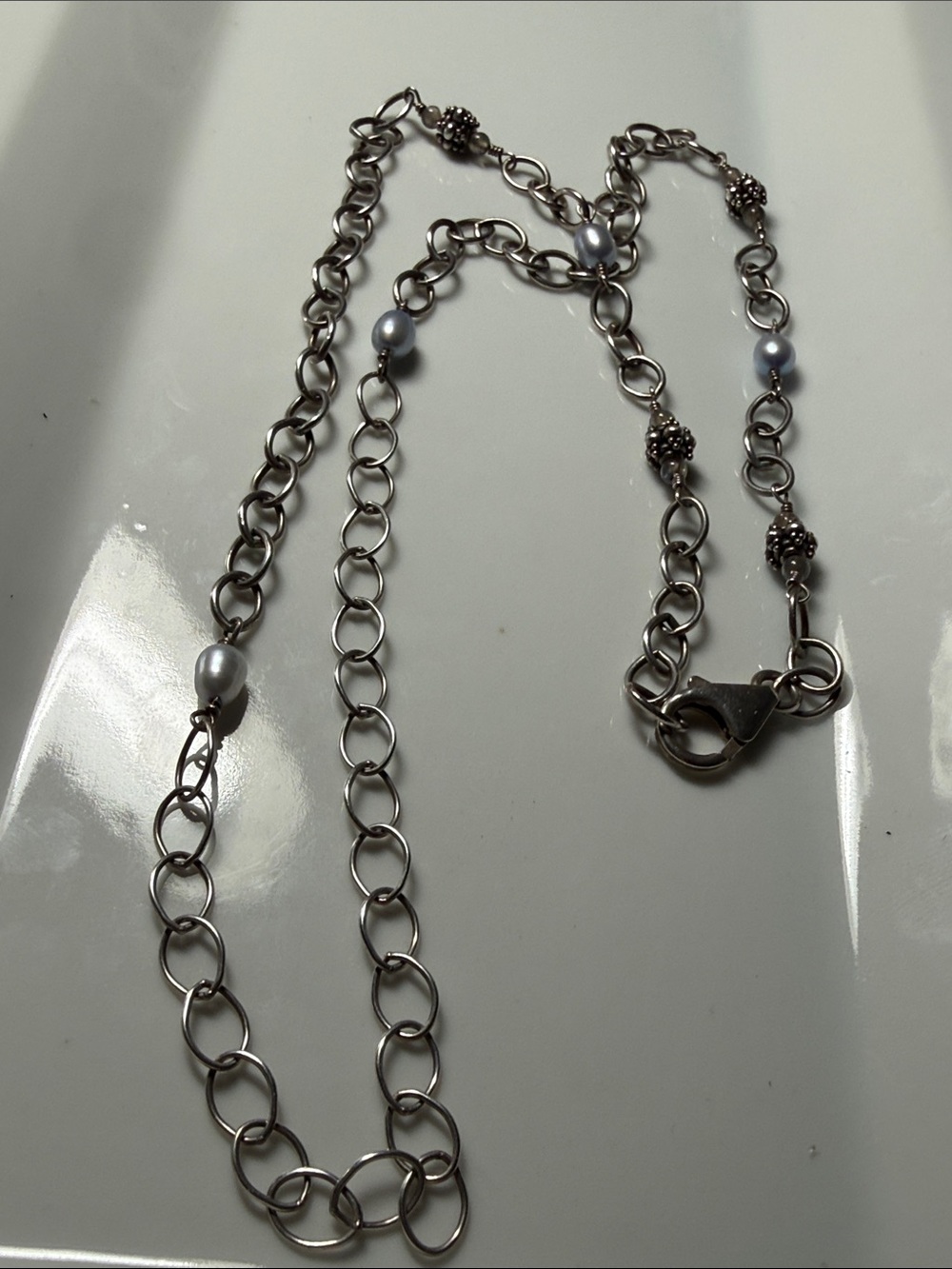 925 Silver Chain Necklace with Light Gray Genuine Pearls
